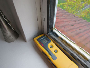 Moisture meter indicates elevated readings to window liner